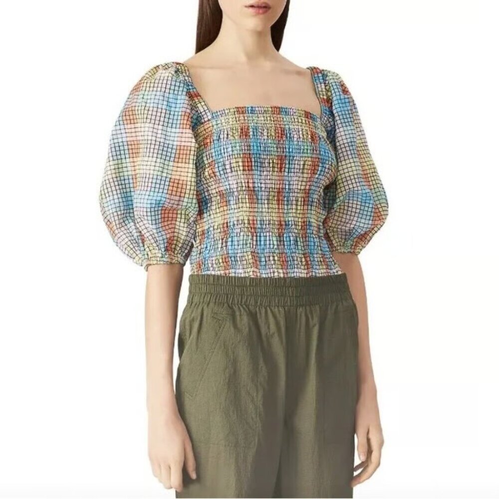 GANNI Shirred Puff Sleeve Seersucker Top in Pastel Check - US 4 (S)